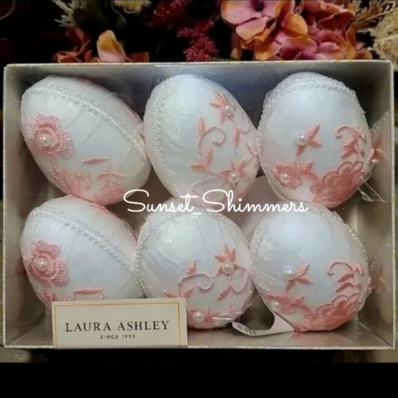 6 Laura Ashley 3" Pink Embroidered Easter Egg Basket Vase filler Home Decor Set - Picture 1 of 4